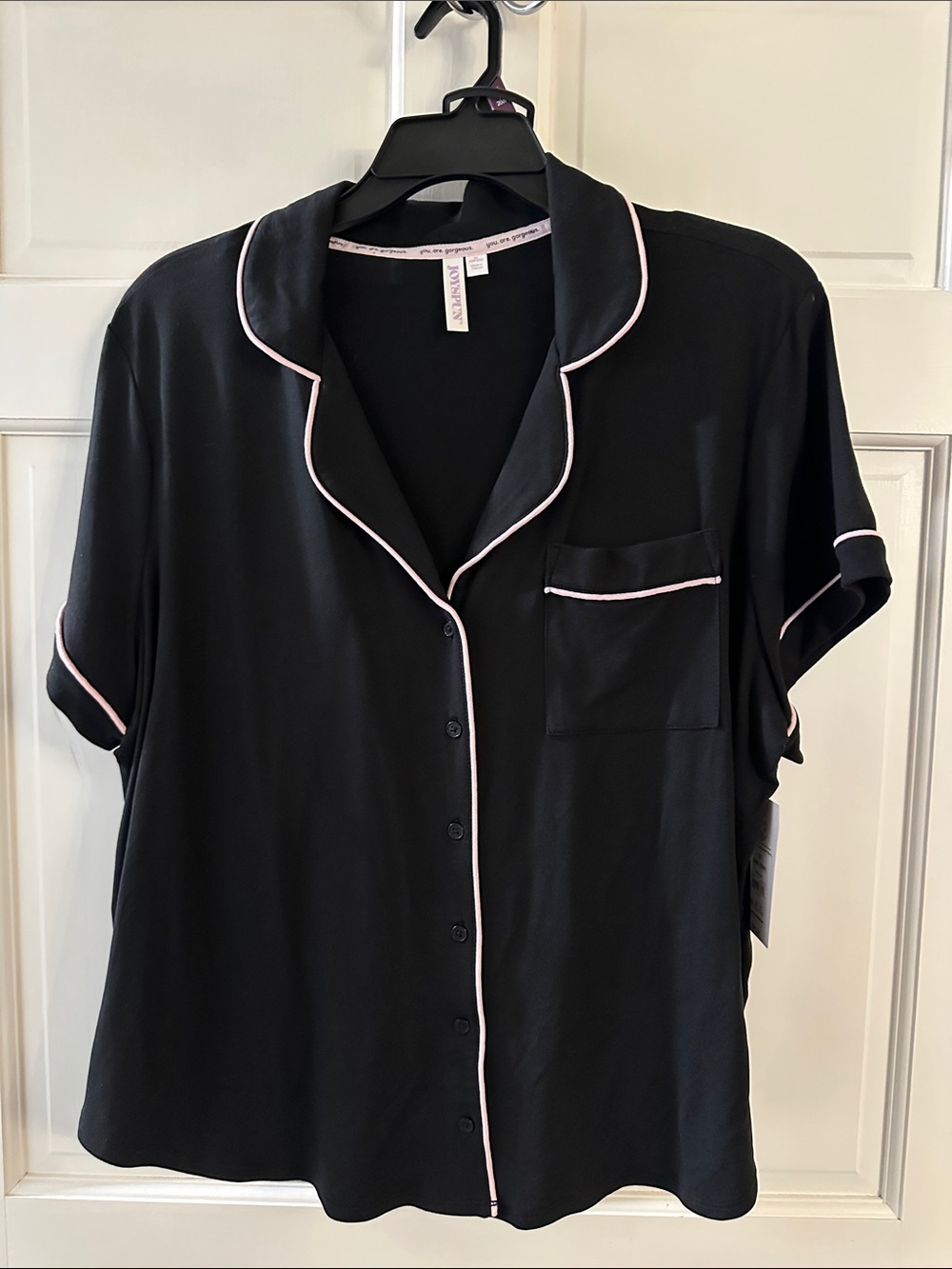 Black Short-Sleeve Pajama Top with Pink Piping by